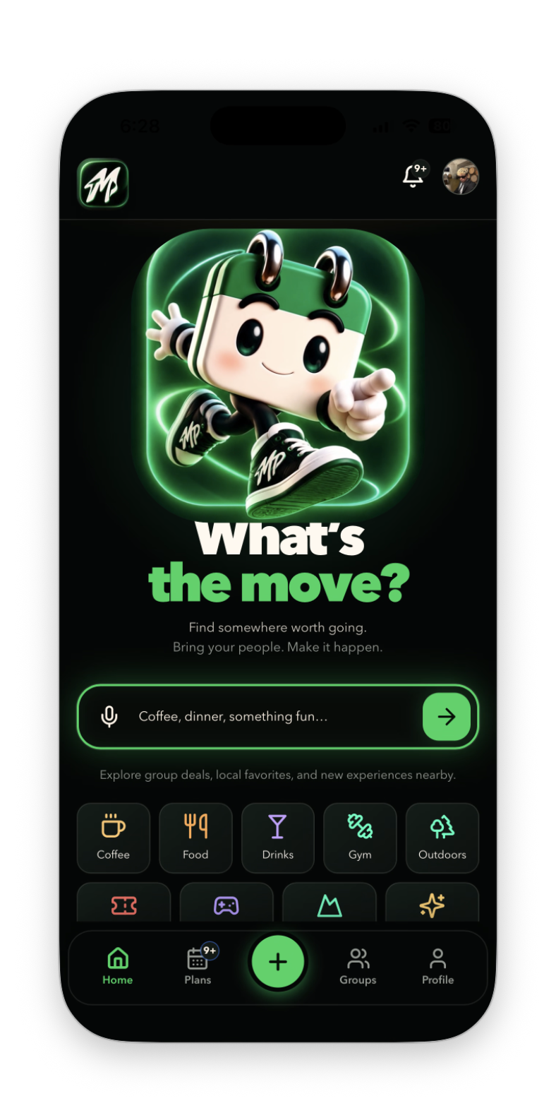 Actual Build 21 home screen showing What’s the move and activity choices